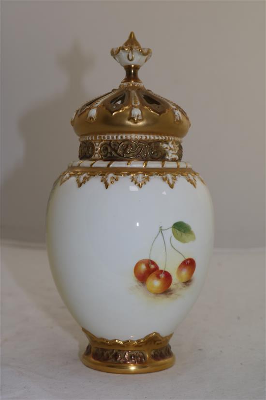 A Royal Worcester fruit painted pot pourri vase, inner cover and pierced cover, c.1957, 24.1cm (9.5in.)